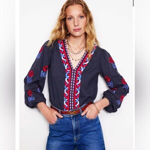 Boden Embroidered Top 100% Cotton Nav Blue, Red Long Sleeve
